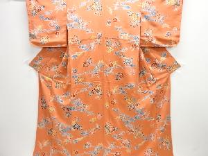 未使用品　縮緬地流水に草花模様小紋着物